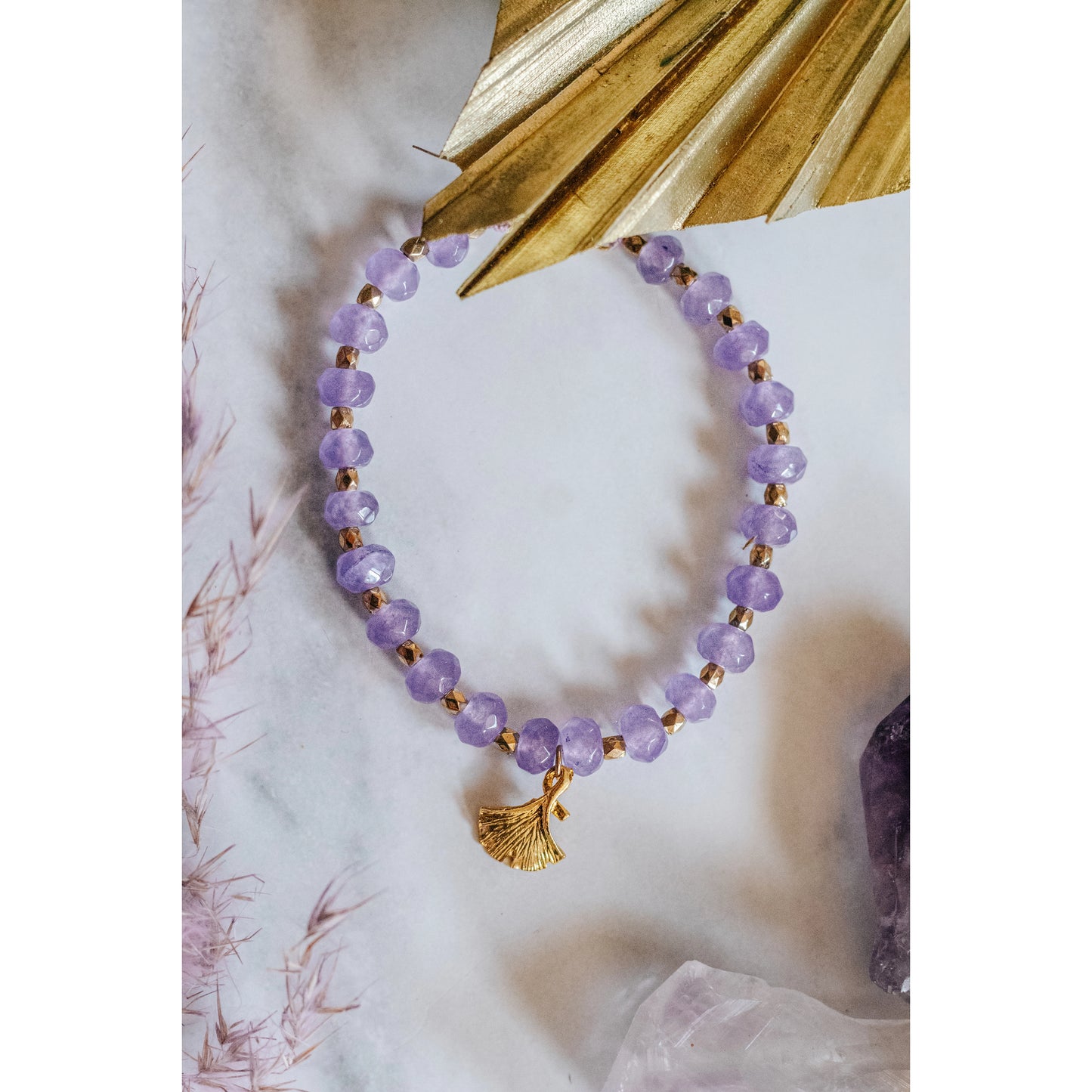 Amethyst Stone Crystal Bracelet with Gold Detail