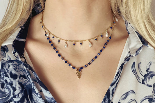 Pearl & Lapis Charm Necklace