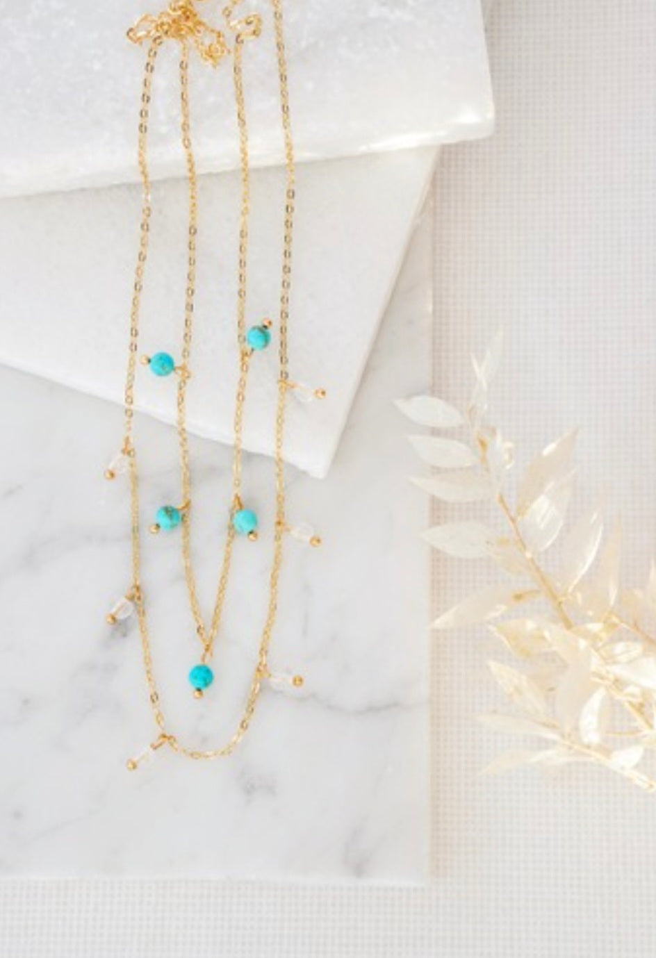 Gold Tone Turquoise & Clear Quartz Layered Necklace